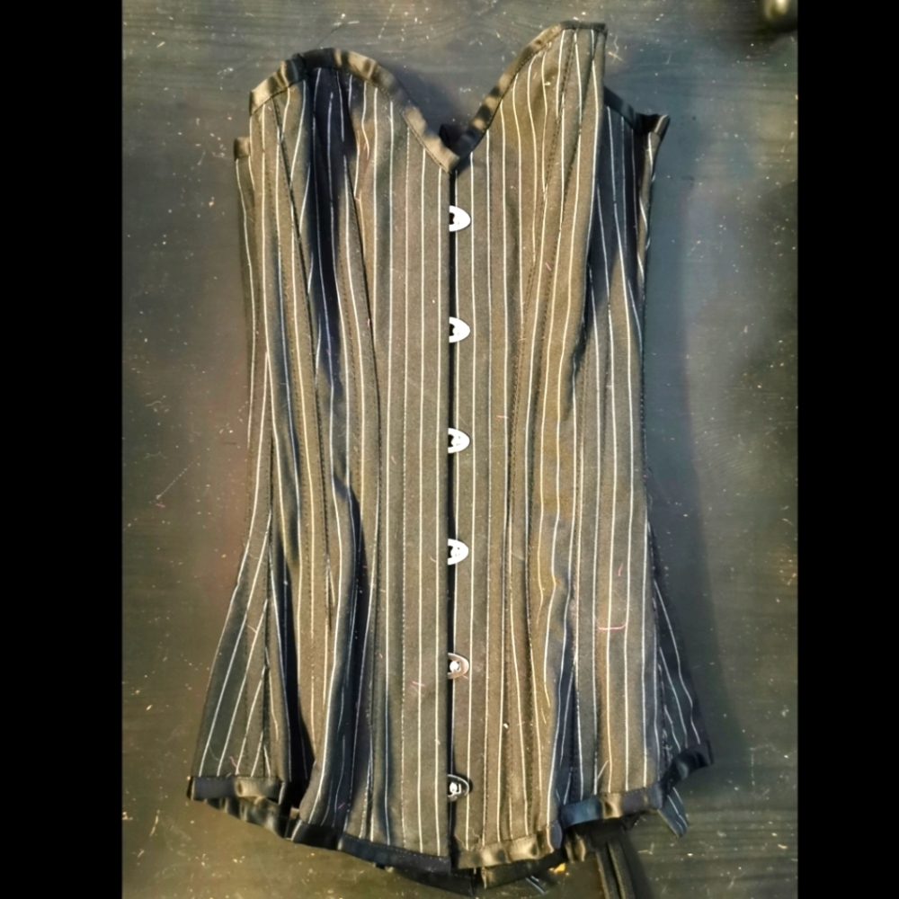 Steel Boned Corset - Black & White Pinstripe